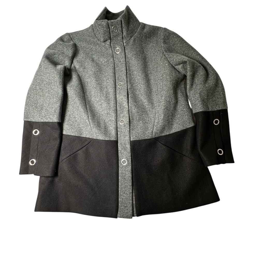 Color Block‎ Mock Neck Button Front Coat Women's Gray Black
